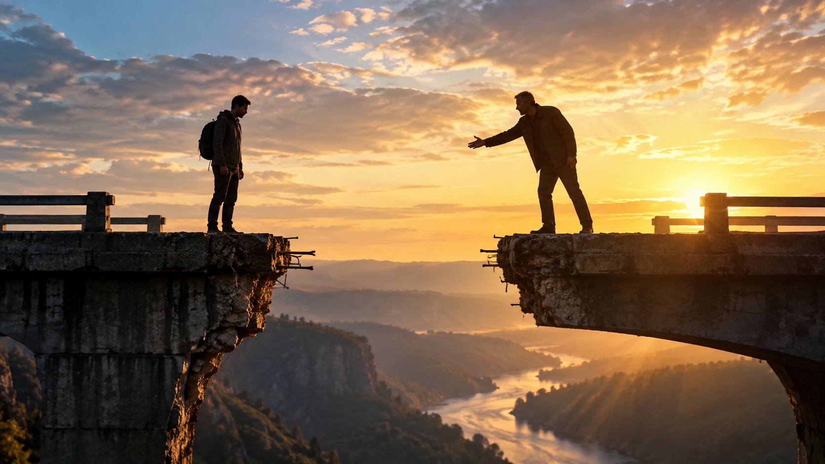 A man reaches toward another man across a gap in a broken bridge above a river valley at sunset.