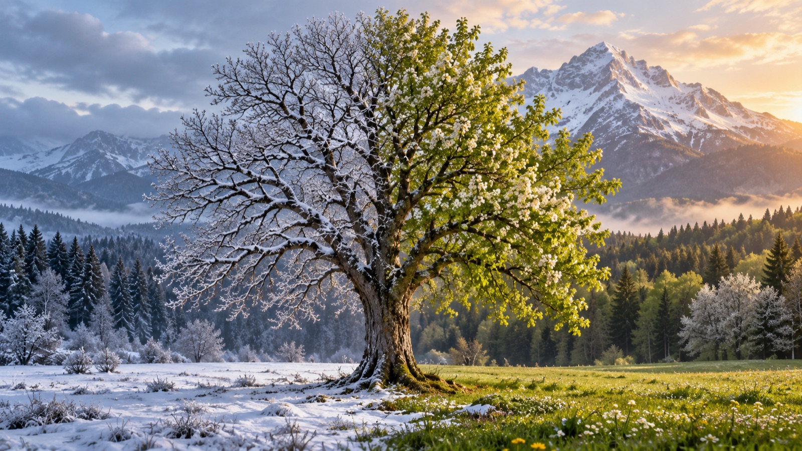 A single tree standing between winter and spring — bare, snow-covered branches on one side, green leaves and white blossom on the other.